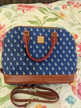Dooney & Bourke Blue LA Monogram Dome Satchel with Brown Trim and Leather Strap